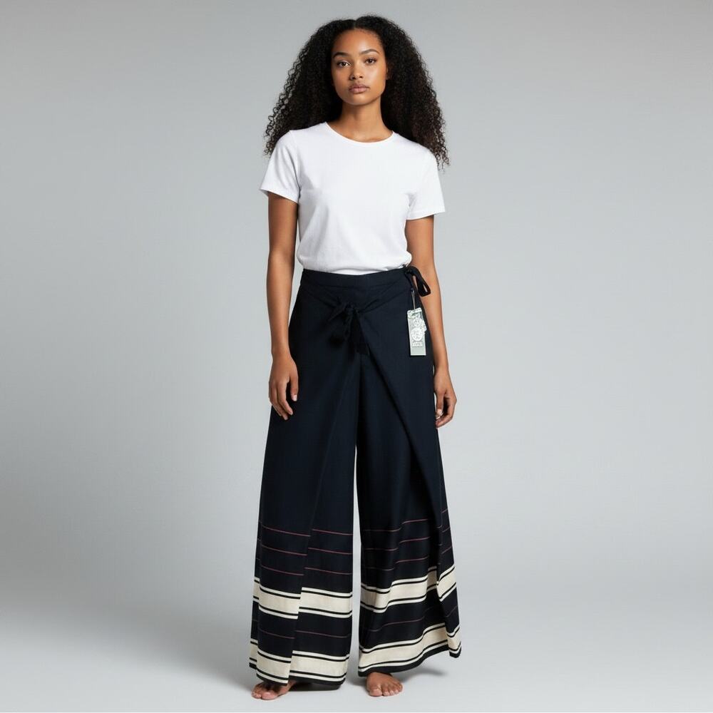 Vince Camuto Wide Leg Pants 10 NWT Black Wrap Front Spring Safari Striped Hem
